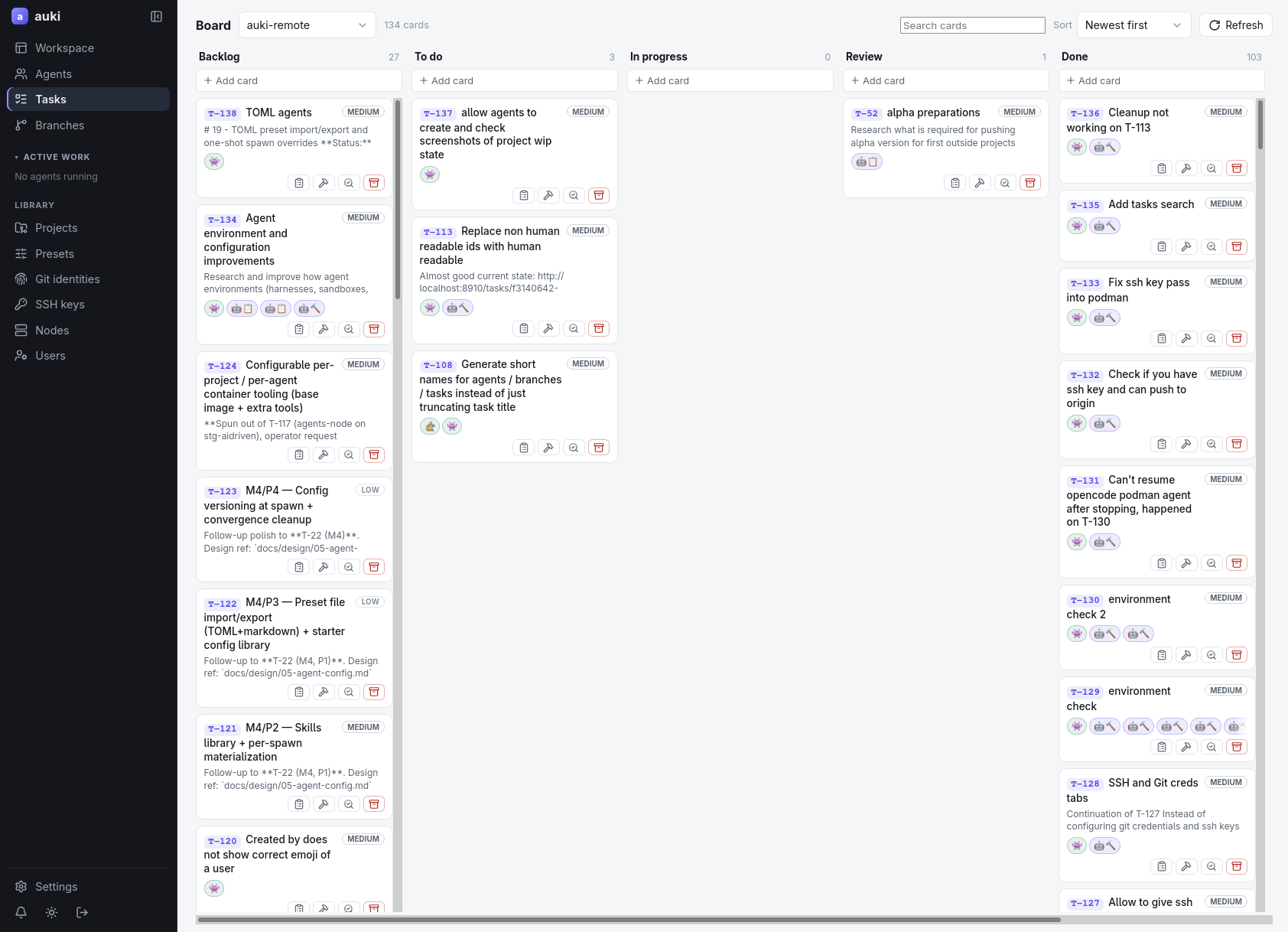 A light task-based management board for coding agents with backlog, implementation, review, and completed work
