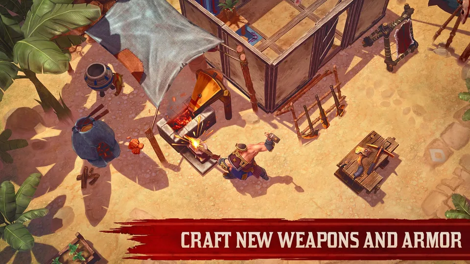 Isometric Exile Survival gameplay with characters beside a workshop
