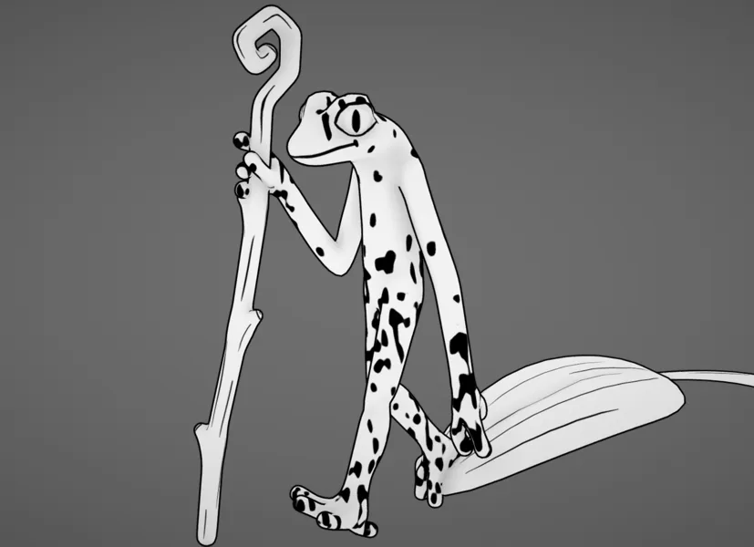 Black-and-white stylized character holding a question-mark staff