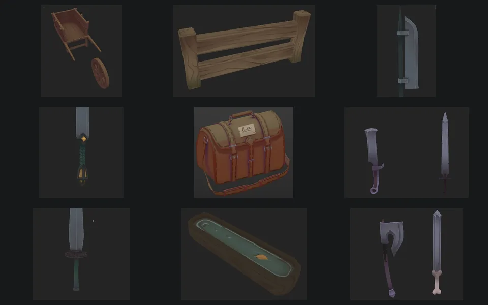 Collection of stylized 3D props including weapons, a chest, cart, fence, and trough