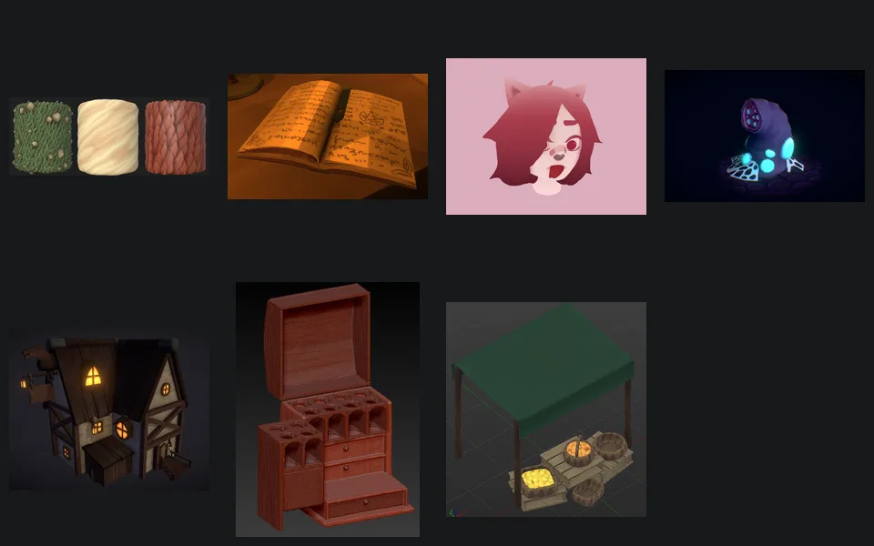 Collection of stylized materials, environments, furniture, and character studies