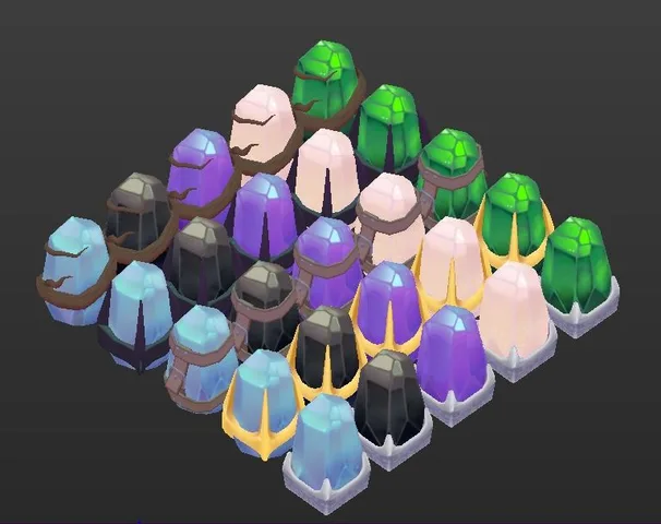 Collection of colorful hand-painted low-poly magic gems