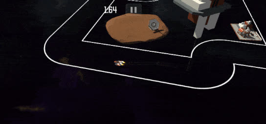 Top-down low-poly car driving around a dark race track