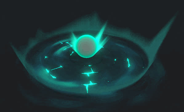 Animated turquoise energy effect around a floating sphere