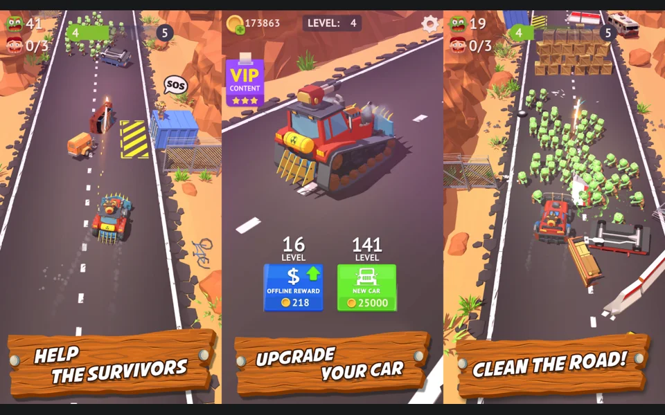 Three production screens from a mobile road-clearing game with cars and crowds of zombies