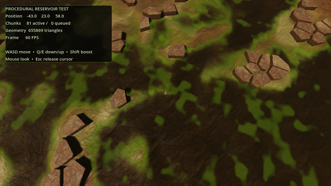 Cars Game procedural reservoir runtime test with terrain, rocks, and debug metrics