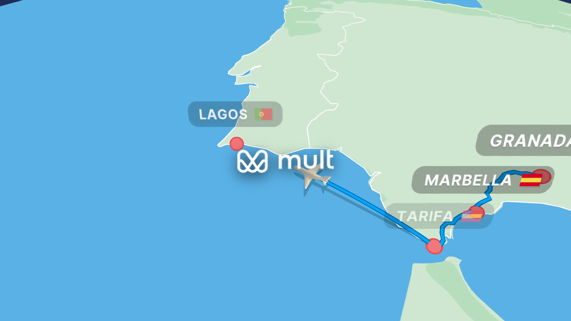 A Mult.dev travel animation rendered in its clean stylized map theme