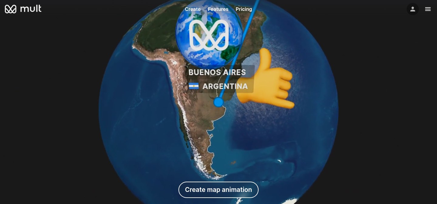 A rendered Mult.dev travel animation showing a globe and a route to Buenos Aires