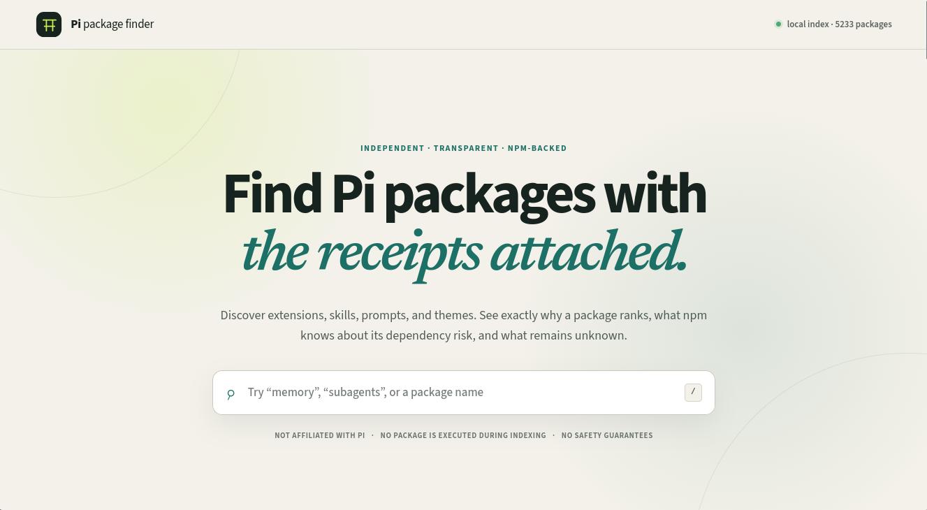 The Pi package finder introduction with its search field and local index status